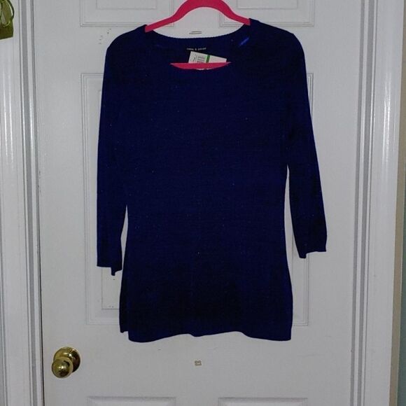 Cable &  Gauge blue metallic light sweater Sz L NWT - Picture 1 of 6